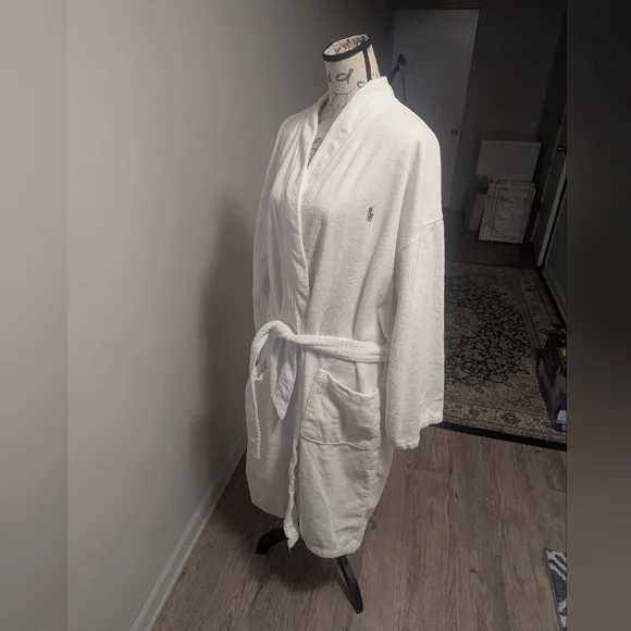 Mens Polo Ralph Lauren Bath Robe Size L/XL White Terry Cloth Pony Horse - Picture 5 of 14
